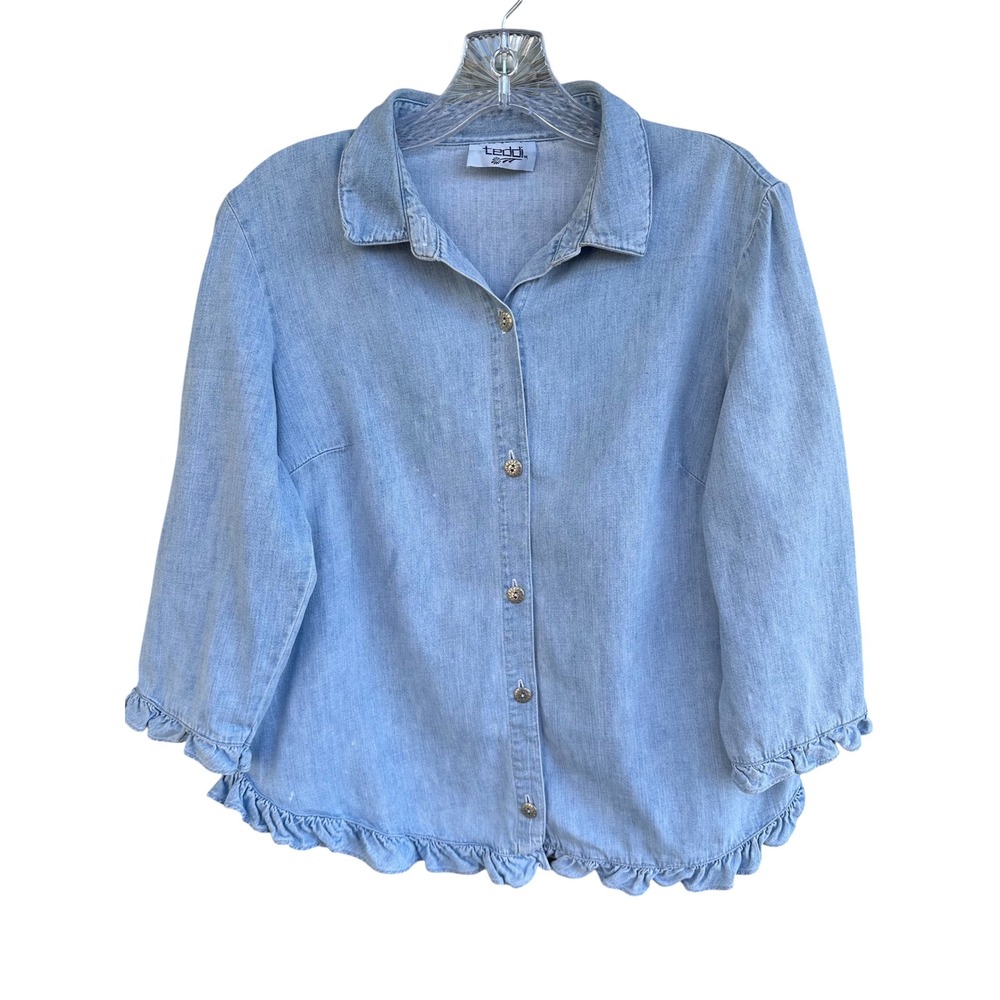 Vintage Teddi Light Wash Denim Ruffle Hem Button Down Shirt Blouse Blue